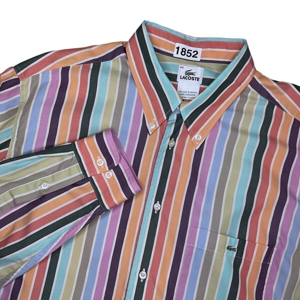 Lacoste Vertical Striped‎ Long Sleeve Button Up Shirt Men 44/XL Romania Cotton